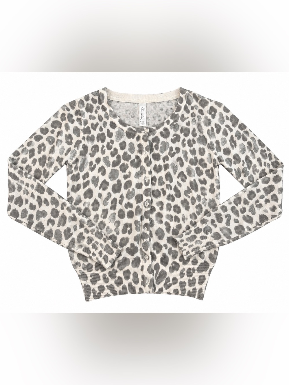 Cherokee Girls Leopard Print Cardigan Sweater Size 11/12 Gray Cream
